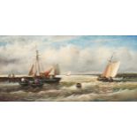 20th Century English School. A Scene of Boats Leaving a Harbour in Heavy Seas, Oil on Panel. 6" x