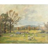 20th Century British School. Sheep Grazing in a Field with Hills beyond, Oil on Board,