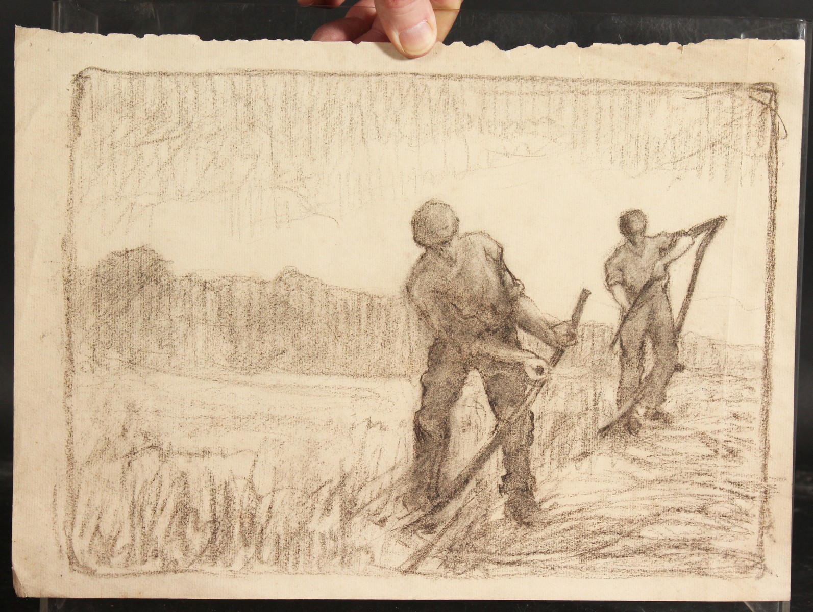 Circle of Harry Becker (1865-1928) British. Study of Figures Scything in a Field, Charcoal and - Image 2 of 3