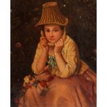 19th Century Oil on Tin Painting of a Young Lady with a Basket on her Head. 8" x 7".