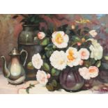 20th Century School. A Still Life of Flowers on a Shelf, Oil on Canvas, Indistinctly Signed. 18" x