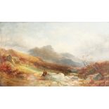 Joseph Horlor (1809-1887) British. Figure Resting with a Dog in a Mountain Landscape. 12" x 20".