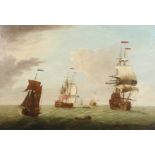 18th Century English School. A View of Naval Ships with other Vessels, Oil on Canvas. 25" x 37".
