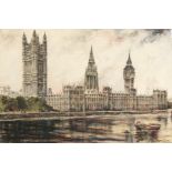 20th Century British School. A View of the Houses of Parliament, Pastel and Watercolour, Signed