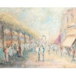 Paul Beauvais. Figures on a Crowded Boulevard, an Arch in the distance, Oil on Canvas laid onto