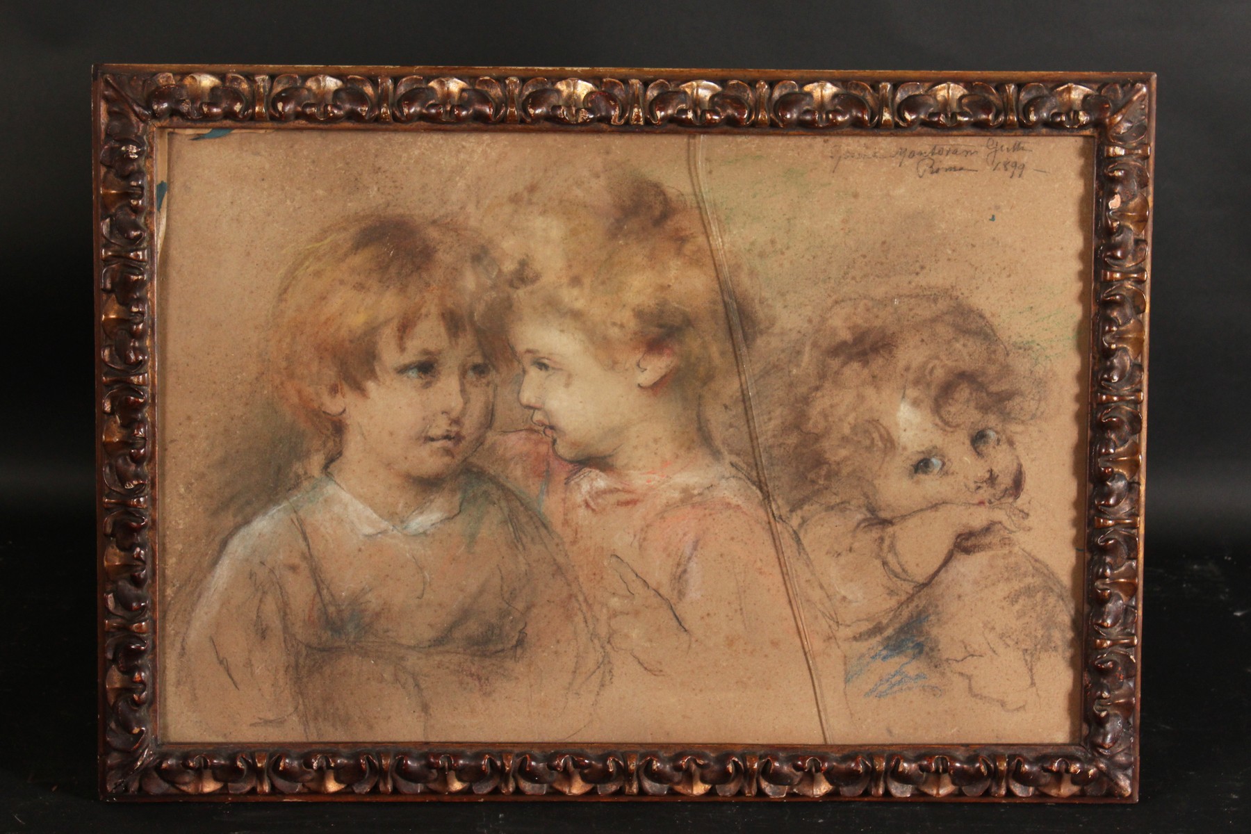 Italian School, Late 19th Century. A Chalk Drawing of Three Young Children, Indistinctly Signed - Image 2 of 4