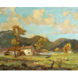 Jack Cross (20th Century) British. Sheep and Farm Buildings with Hills beyond, Oil on Board, Signed.