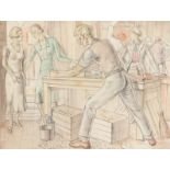 Modern British. Figures in a Carpenter's Workshop, Inscribed 'Scott' on the Support, Watercolour and