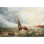 Dutch School (20th Century). A Fishing Boat and a Barge approaching a Harbour in Rough Seas, Oil