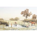 Thompson, British. 'At the End of the Day', A Scene with Figures and Horses, Watercolour, Signed.