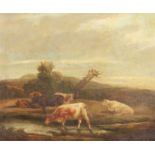 Nineteenth Century English School, Cattle Watering in a Landscape, Oil on Mahogany Panel, Bears