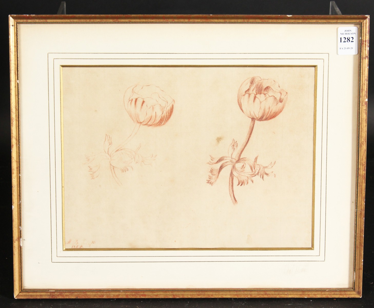 An 18th Century Sanguine Study of a flower, Initialled H.B. and dated July 10 1765. 8" x 11". - Image 4 of 4