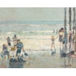 Ross Foster (20th/21st Century). Figures on a Beach with Waves Breaking beyond, Oil on Canvas,
