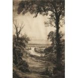 An Etching of a River View through Trees, Indistinctly Signed in Pencil, 12" x 8".