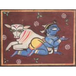 Jamini Roy (1887-1972) Indian. Blue Figure with Cow, Gouache on Board, Signed, 13.5" x 18".