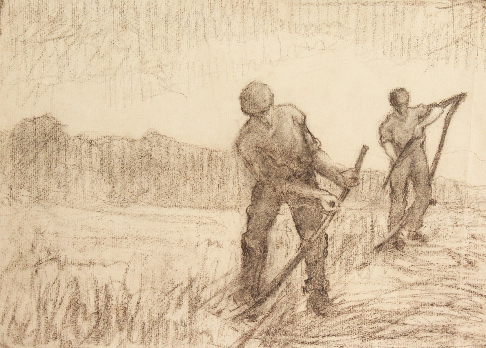 Circle of Harry Becker (1865-1928) British. Study of Figures Scything in a Field, Charcoal and