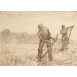 Circle of Harry Becker (1865-1928) British. Study of Figures Scything in a Field, Charcoal and