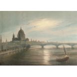 19th Century English School. 'Sailboat at Blackfriars Bridge', View of the Thames at Moonlight,