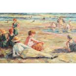 20th Century. Figures on a Beach, Oil on Canvas, Signed 'M. Raffles. 24" x 38".