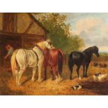 After Herring (19th Century). Horses, Sheep and Ducks outside a Barn, Oil on Board. 10" x 13".