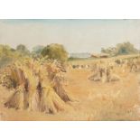 20th Century School. Hay Stooks in a Field, Oil on Canvas Laid onto Card. 10" x 13". Unframed.