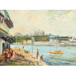 20th Century Continental School. A Harbour Scene with Figures on a Quay, Oil on Board. 5" x 7".