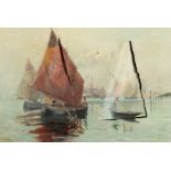 An Oil on Canvas Painting of Sailing Boats near Venice, Indistinctly Signed, A/F. 21" x 31".
