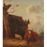 Edmund Bristow (1787-1876) British, Cow Resting by a Barn with a Pig Feeding, Oil on Canvas, Signed,