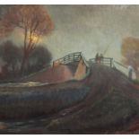 G.S.Perriman (20th Century) English School. Anglers on a Bridge at Moonlight, Oil on Board. 11" x