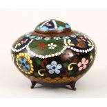 A GOOD JAPANESE MEIJI PERIOD CLOSIONNE ENAMEL LIDDED KORO, with floral decoration, 9cm diameter x