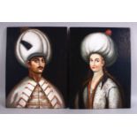 A PAIR OF TURKISH OIL ON BOARD PAINTING OF SULTAN & LADY, 40CM X 30CM