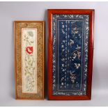 TWO CHINESE EMBROIDERED SILK FRAMED PICTURES, the larger depicting floral decoration with