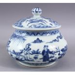 A CHINESE MING STYLE BLUE & WHITE PORCELAIN GINGER JAR & COVER, decorated with figures at