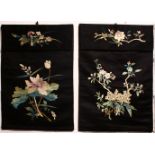 TWO 19TH CENTURY JAPANESE EMBROIDERED SILK SUDAN CURTAINS, both finely embroidered upon a black