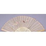 A GOOD 19TH CENTURY CHINESE CANTON CARVED IVORY & SILK FAN, with embroidered silk scenes of birds,