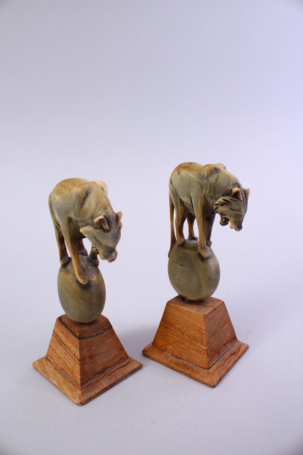 A PAIR OF CARVED HORN WOLF FIGURES, stood on balls mounted to wooden bases, 15.5cm. - Image 2 of 6