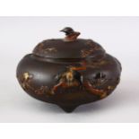 A GOOD JAPANESE MEIJI PERIOD BRONZE & MIXED METAL LIDDED KORO, the body of the koro decorated with