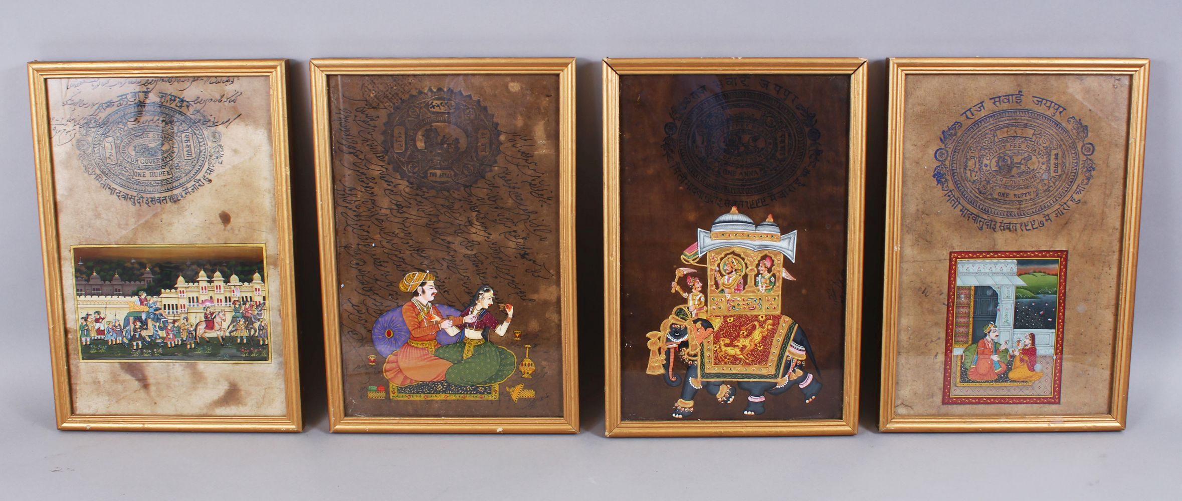 A SET OF FOUR FRAMED 19TH CENTURY INDIAN HAND PAINTED MUGHAL ART, each painting framed and with an