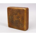 A GOOD CHINESE BRONZE ENGRAVED CALLIGRAPHIC SQUARE FORM BOX & COVER, with flora and calligraphy,