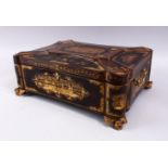A GOOD 19TH CENTURY CHINOISERIE BLACK & GOLD LACQUER FITTED SEWING BOX & KEY, the box decorated with
