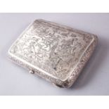 A FINE 19TH CENTURY PERSIAN QAJAR SILVER CHASED CIGARETTE CASE, with finely chased hunting scenes,