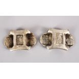 A PAIR OF CHINESE SILVERED CALLIGRAPHIC WEIGHTS, 6cm.