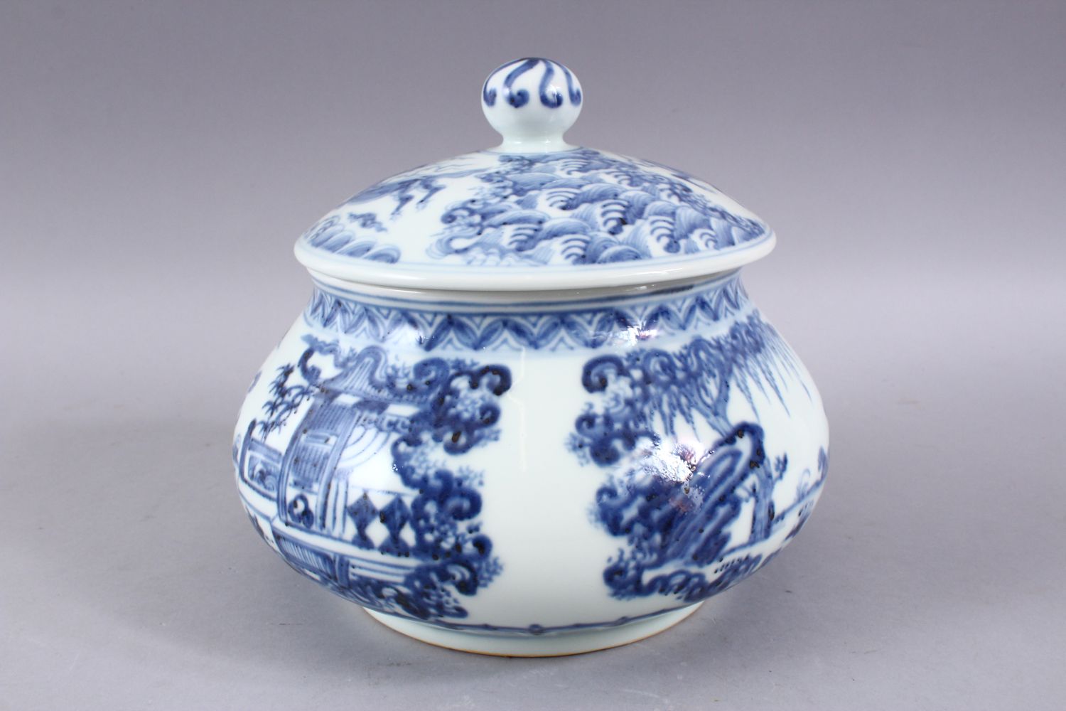 A CHINESE MING STYLE BLUE & WHITE PORCELAIN GINGER JAR & COVER, decorated with figures at - Image 2 of 6