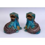 A GOOD PAIR OF 18TH / 19TH CENTURY CHINESE PORCELAIN BUDDHISTIC TURQUOISE & AUBERGINE GLAZED LION