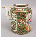 A 19TH CENTURY CHINESE CANTON FAMILLE ROSE PORCELAIN TEA POT, with panel decoration of figures,