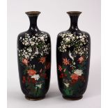 A PAIR OF JAPANESE MEIJI PERIOD CLOISONNE VASES, each with a scene of native flora with birds in