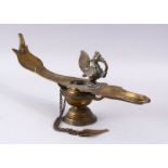A 18TH / 19TH CENTURY INDIAN BRONZE OIL LAMP, with a bird at spout, 39cm.