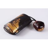 A GOOD JAPANESE MEIJI PERIOD LACQUER FOUR CASE INRO WITH CHESTNUT, decorated with two immortal