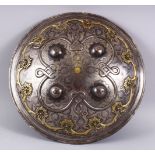 A FINE 19TH CENTURY INLAID GOLD AND SILVER STEEL SHIELD, with raised bosses and gold and silver