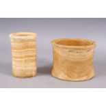 A GOOD CARVED ALABASTER CYLINDRICAL CUP AND BOWL, 12CM HIGH & 10CM, 14CM diameter and 8CM.